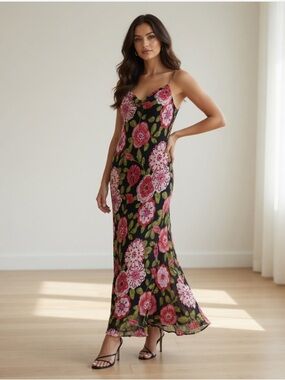 Y2K Vintage cowl neck asymmetrical formal sequin slip midi floral dress